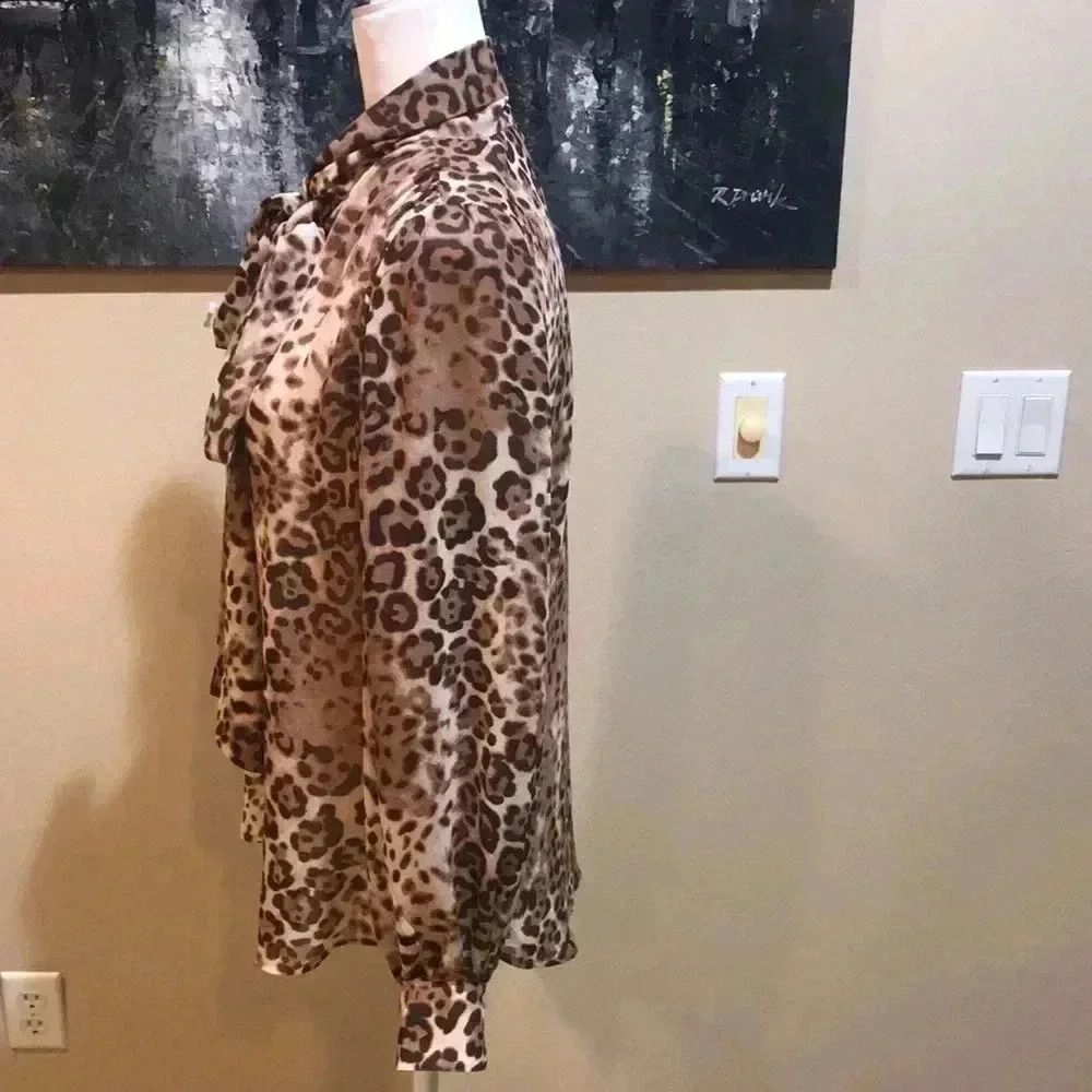 EVA MENDES Sheer Animal Long Sleeved Tie Neck Button Down Blouse-Size M - Picture 3 of 9